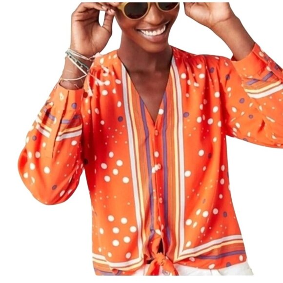 Anthropologie Maeve Elan Scarf Orange Polka Dot Long-Sleeve Button-Down Blouse 2 - Picture 14 of 16